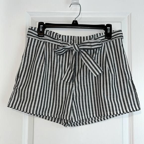 Love Tree Paper Bag Waist Striped Shorts with Tie Belt - Picture 1 of 9